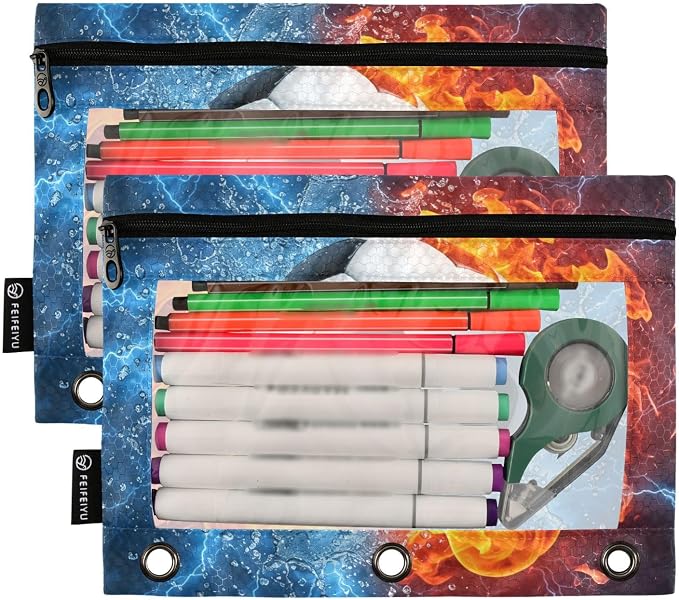 Soccer Ball Football Fire Water Pencil Pouch for 3 Ring Binder, 2 Pack Waterproof Pencil Bags Clear Window Pencil Case Zipper School Office Supplies