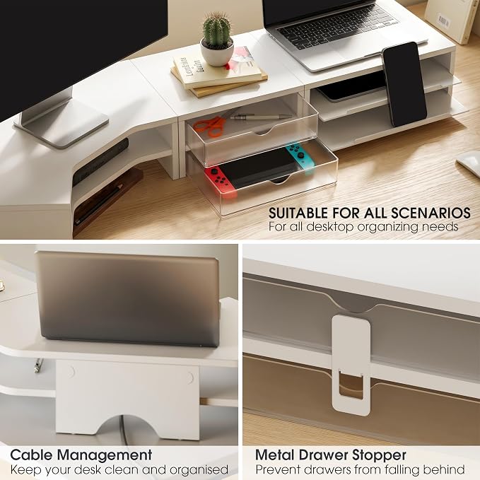 Fenge Dual Monitor Stand, Corner Desk Shelf with Drawer & Slide-Out Tray | Modular Design for Flexible Layouts, 2-Tier Storage Desktop Organizer for Computer, Laptop, Printer and Telephone