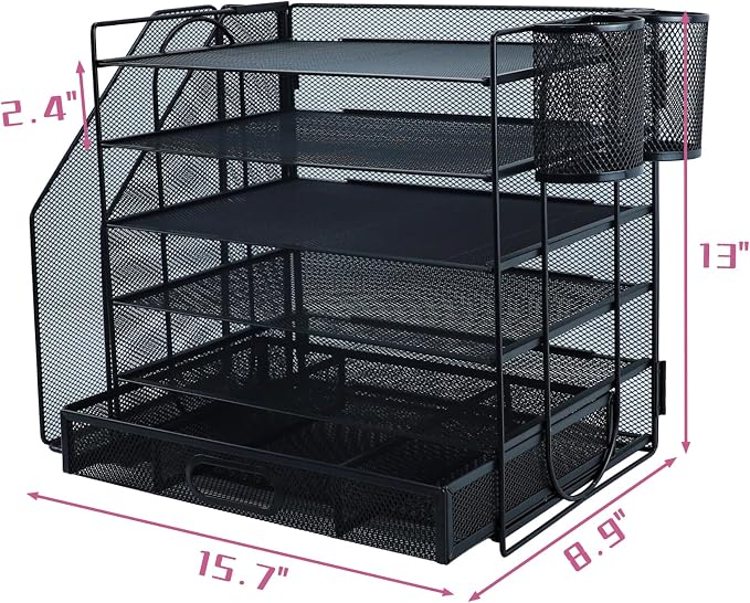 Desk Organizers and Accessories with File Holder, 6-Tier Paper Letter Tray Organiser with Drawer and 2 Pen Holder, Mesh Desktop Document Organizer for Office Supplies, Workspace - Black