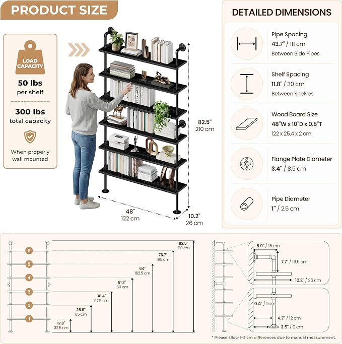 6-Tier LED Ladder Shelf, Wall Mounted Pipe Bookshelf, Black 48 Inch | Solid pine 6-tier wall mounted pipe bookshelf with warm LED lights, 50 lb shelves, for books, plants and decor