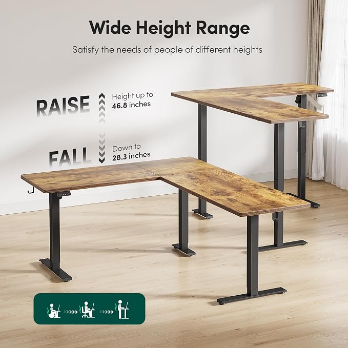 FEZIBO 75" x 63"L Shaped Standing Desk Adjustable Height, Electric Stand up Corner Computer Desk, Sit Stand Home Office Desk with Splice Board, Rustic Brown