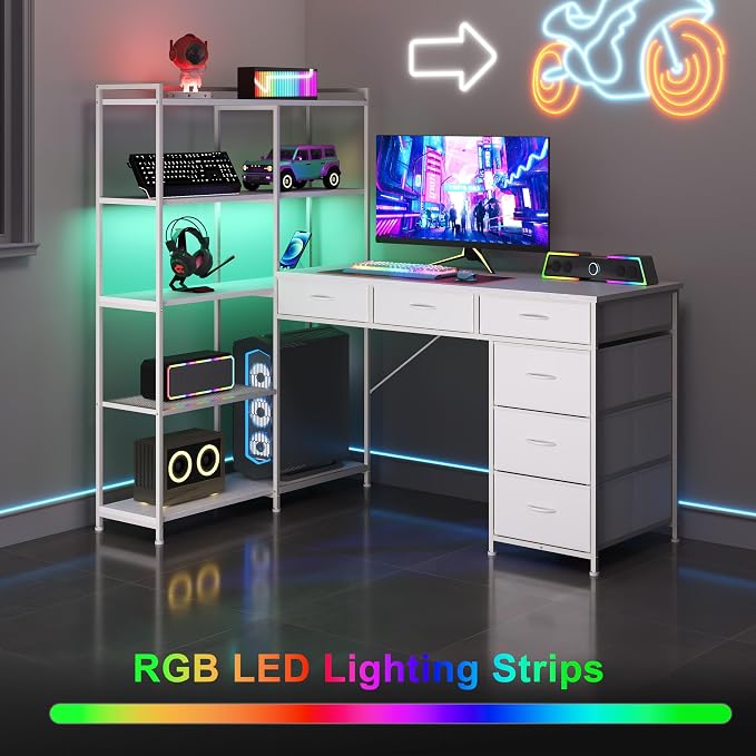L Shaped Gaming Desk with Power Outlet & RGB Lights, Corner Computer Desk with 6 Drawers 5-Tier Shelves, PC Workstation with USB/Type-c Charging for Home Office, White