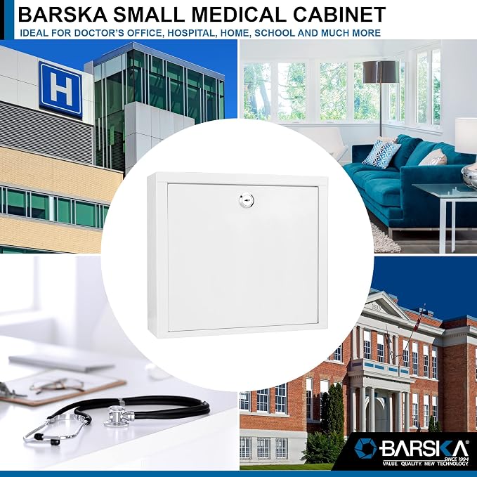 Barska Wall Mount Medical Security Cabinet – Compact Locking Medicine Box with Key Lock, Magnetic Erase Pad, Shelf & Pre-Drilled Mounting Holes - Medicine cabinet organizer - Medicine Storage Glass