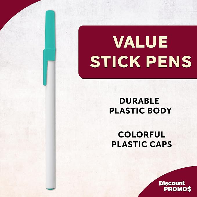 DISCOUNT PROMOS Value Stick Pens Set of 10, Bulk Pack - Black Ink, Great for Office, School, Business, Tradeshows, Events - Teal