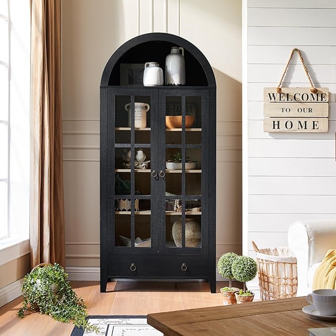 RowyPoey 71" Tall Arched Cabinet Bookshelf with Glass Door & Storage Drawer | Modern Farmhouse Display Cabinet,Adjustable Shelves,Wood Kitchen Pantry for Dining Room,Living Room,Office,Black