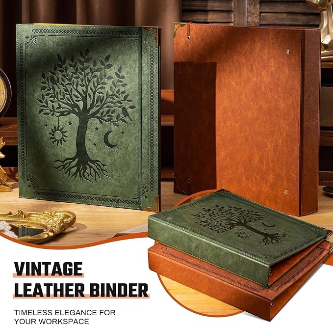 Ovesmusl 2 Pack PU Leather D Ring Binder, 1.5 Inch Green Tree | Fits 8.5x11 letter paper, holds 400 sheets, inner pockets, loose leaf organizer