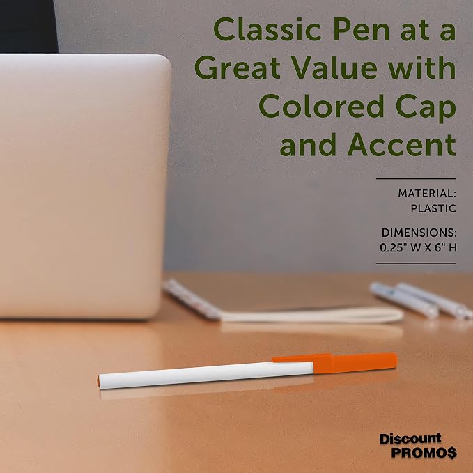 DISCOUNT PROMOS Value Stick Pens Set of 10, Bulk Pack - Blue Ink, Great for Office, School, Business, Tradeshows, Events - Orange Cap