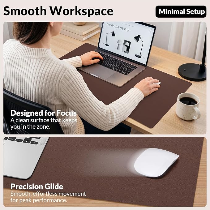 AFIING Leather Desk pad Protector, 35.4" x 17", Coffee,Desk mat | Dual-Sided Cork & PU Leather, Waterproof, Non-Slip, For Office & Gaming