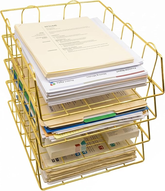 Gold Stackable W 9.75" X L 12" Desk Organizer Tray Set (4-Tier)