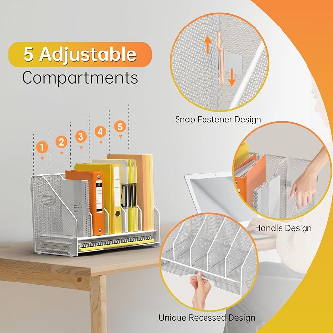 Docnest Mesh Desk File Organizer, 5 Vertical Compartment Box Sorter, White | Features 4 removable middle dividers for custom spacing and a bottom letter tray to hold paper, mail, and documents