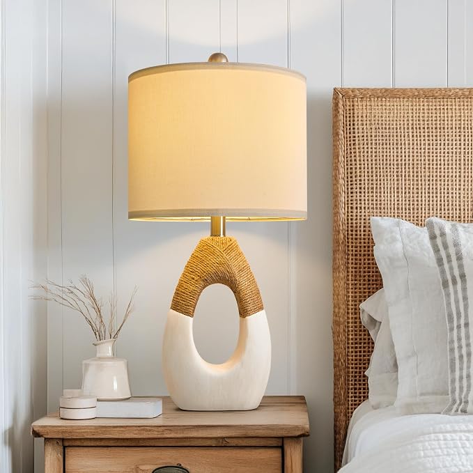 22” Boho Table Lamps for Bedroom Living Room Upgraded Set of 2 Medium Farmhouse Rattan Table Lamps, Rustic Home Decoration Nightstand Bedside Lamp for Office (Not Include Bulbs)