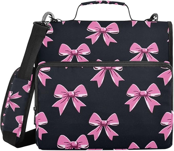 3 Ring Zipper Binder with Shoulder Strap Pink Bow Tie Black 2 Inch Zippered Binder Bag 500 Sheet Capacity Multi Pockets for School Supplies