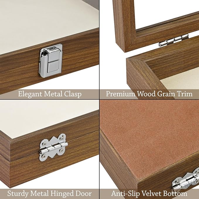 MOOCA Jewelry Display Case, Display Case Accessories Storage Box with Tempered Glass Hinge Lid, Jewelry Tray for Collectibles, Walnut Color, 14.1W x 10.2D x 2.1H in