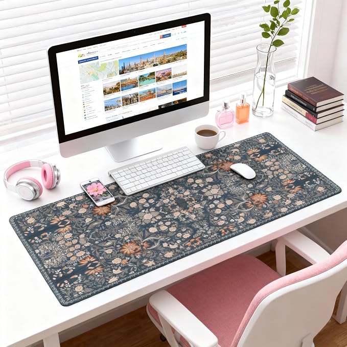 Floral Aesthetic Wildflower Gaming Mouse Pad, Blue Pink Rug Desk Mat with Anti-Slip Base & Stitched Edges, Office & Home Desk Decor for Women, 35.4" x 15.7" in Computer Desktop Mat