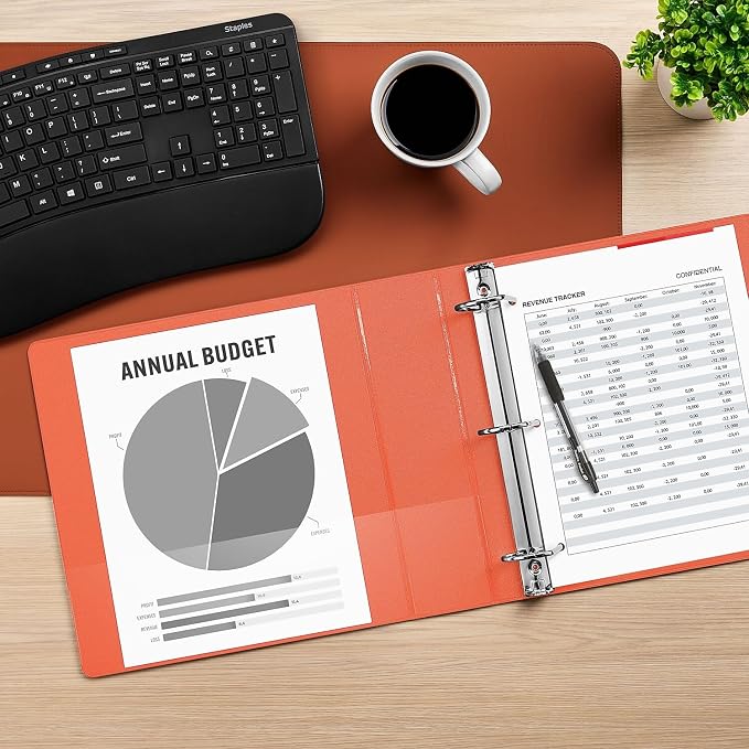 Staples Standard 2-Inch 3-Ring View Binder, Orange, 450 Sheets | Durable binder for office and school document organization and storage.