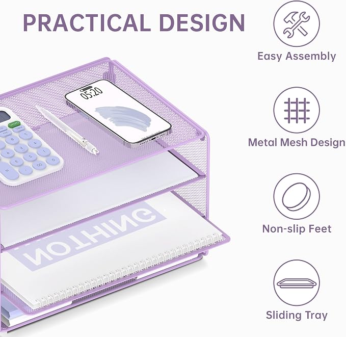 DALTACK 3 Tier Letter Tray Paper Organizer with Sliding Mesh Trays Purple | Metal Mesh File Organizer with Sliding Trays for Letter and A4 Paper, Mail, Bills, Folders and Office Documents