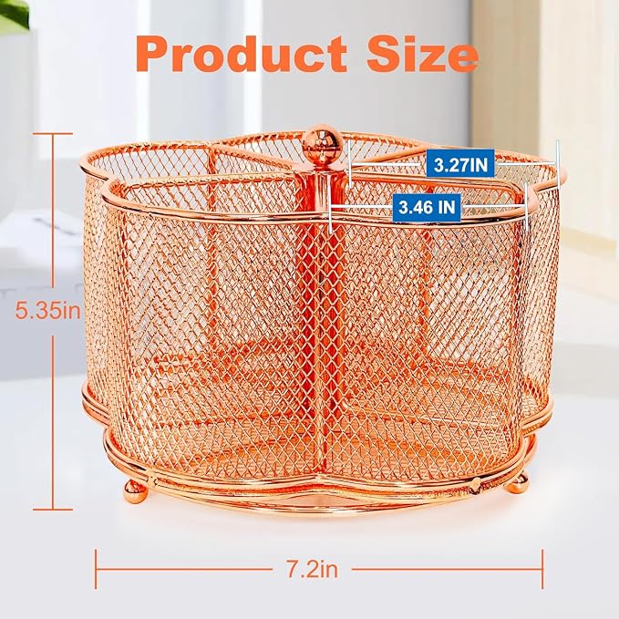 Pen Holder for Desk,360 Degree Rotating Pencil Holder Organizer | 5 Compartments,Large Capacity Pencil Holder for Desk,Metal Rust Prevention,Pen Organizers for Home(Rose Gold, No hook)