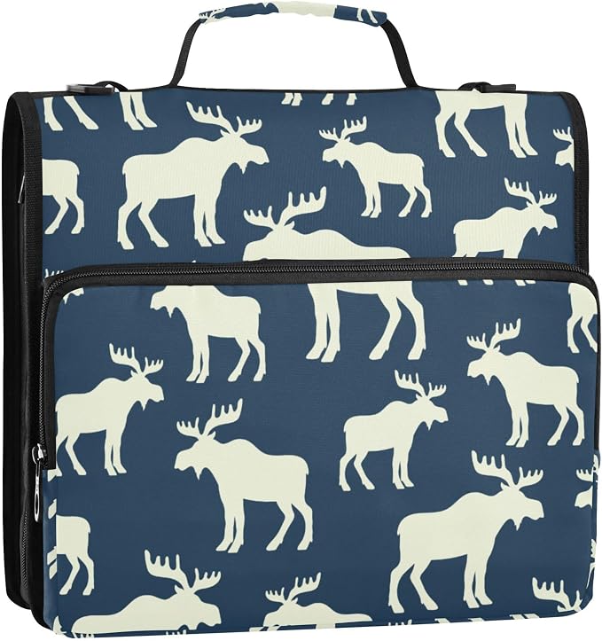 Fisyme Winter Deer Moose Zipper Binder 3 Ring with Zipper and Shoulder Strap Large Capacity Multi-Pocket Zipper Binder Organizer