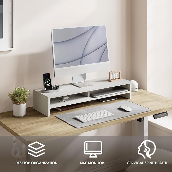 Fenge 31.5 Inch Dual Monitor Stand Riser for Desk, White | Wooden Desk Shelf, 2-Tier Open Storage Compartment, for PC Laptop Screen Printer, Home Office Desktop Organizer