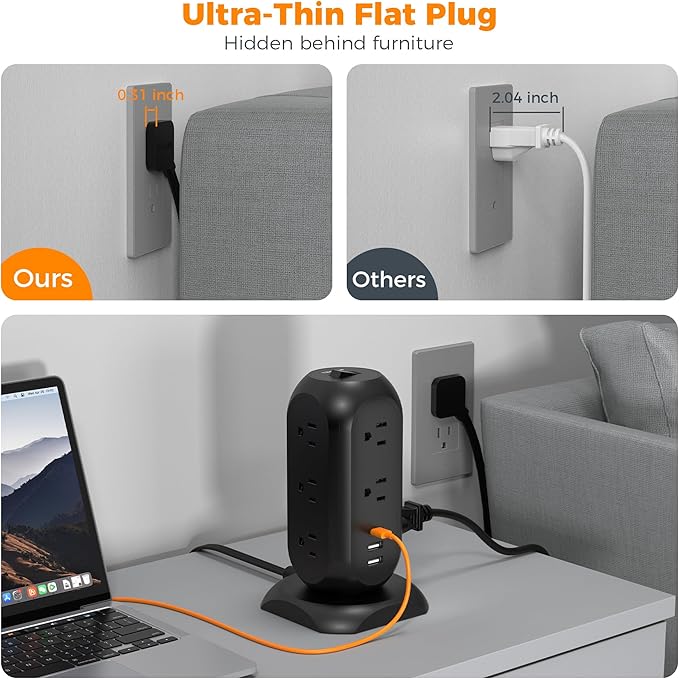 TESSAN Tower Power Strip Flat Plug with 1050J Surge Protection, 6 Ft, Black | 11 Outlets 3 USB (1 USB C), Surge Protector Power Tower, Extension Cord with Multiple Outlets, Dorm, Office Desk Supplies