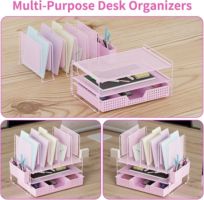 LEKETREE Pink Desk Organizer, Office Organization with Vertical File Holder, File Organizer with Drawer and Pen Holder, Desk Accessories and Workspace Organizers for Home Office (Pink)
