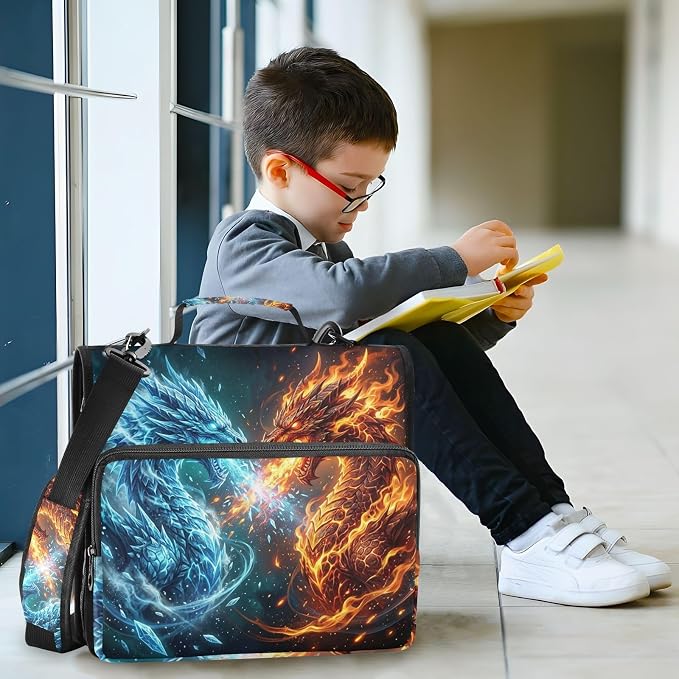 Fire Ice Dragon Print 3 Ring Zipper Binder with Shoulder Strap & Handle 2 Inch D-Ring Zippered Binder Bag with Multiple Pocket & Pencil Pouch, Binder Organizer for School or Office