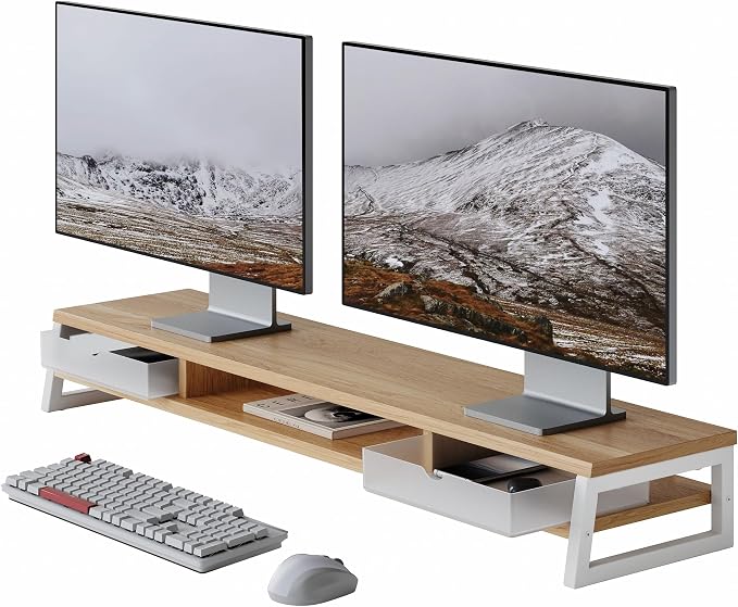 Fenge Dual Monitor Stand Riser, 42.5in Desk Shelf with 2 Drawers, Dark Oak | 2-Tier Monitor Shelf for Desk, Storage Drawer with Stopper, Frosted, fit Home Office, Ultrawide Screen, PC, Laptop, TV