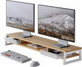 Fenge Dual Monitor Stand Riser, 42.5in Desk Shelf with 2 Drawers, Dark Oak | 2-Tier Monitor Shelf for Desk, Storage Drawer with Stopper, Frosted, fit Home Office, Ultrawide Screen, PC, Laptop, TV