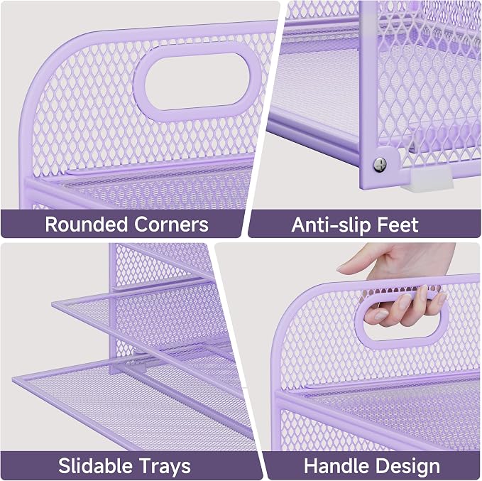 5-Tier Stackable Paper Organizer with Handle, Purple | Metal Mesh Letter Tray, Elegant Desk File Sorter for Office, Home & Classroom Organization