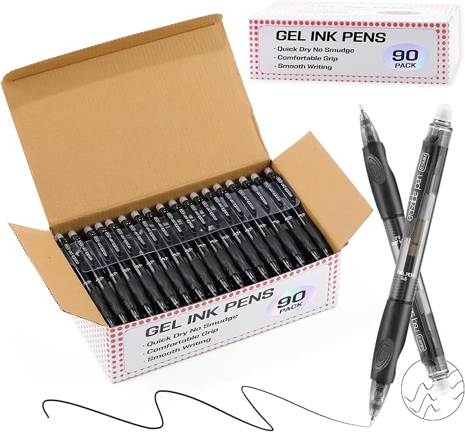 USUAL 90 Black Retractable Erasable Gel Pens Clicker, Fine Point(0.5mm), Make Mistakes Disappear, Premium Comfort Grip, Black Ink for Planners,Smooth Writing Pen Office Back-to-School Supplies