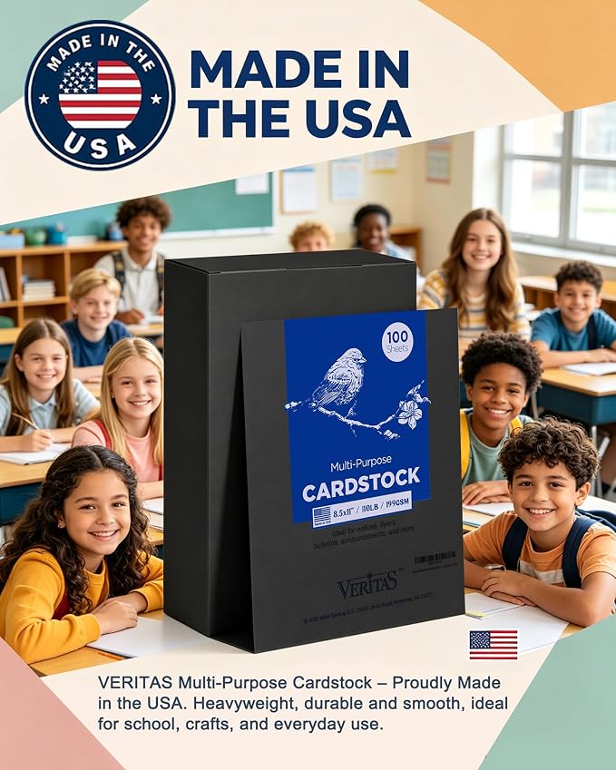 Veritas Colored Cardstock, 8.5" x 11" Colored Card Stock, 110LB/199GSM Printer Paper, 100 Sheets (1 Reams), Colored Multi-Purpose Purple Paper, Made in USA（ Black）