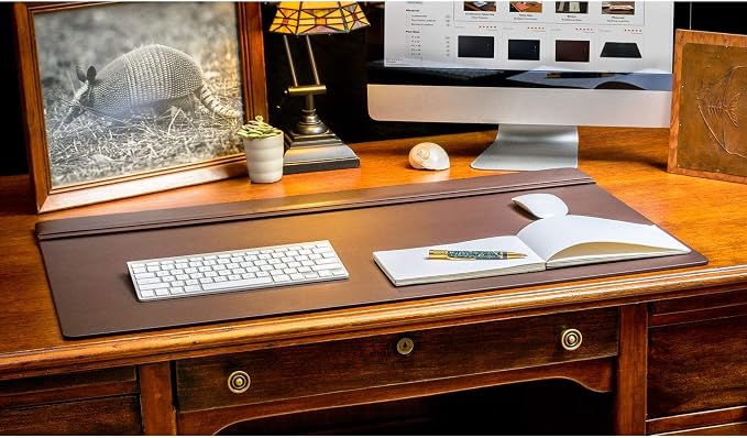 DACASSO Leather Desk Pad with Top Rail - Luxury Leather Desk Blotter for Writing - Executive Desk Surface Protector - (Chocolate Brown, 34” x 20”)