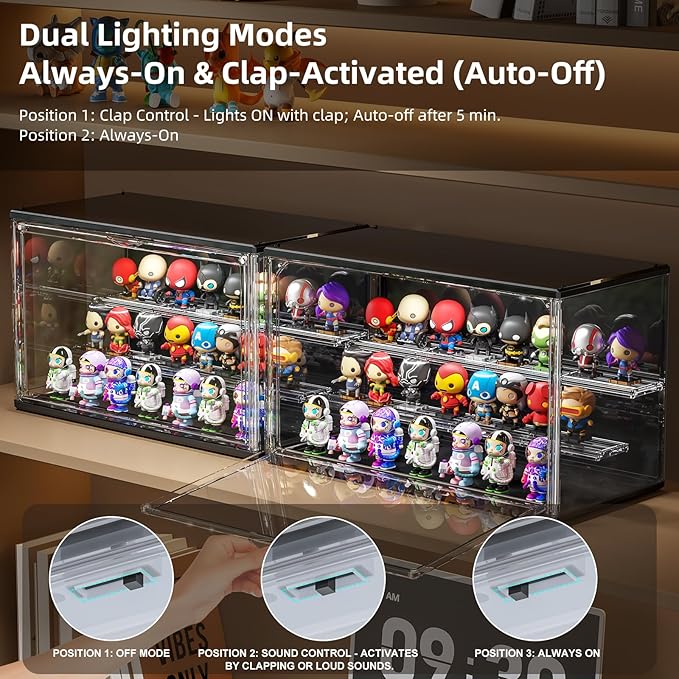 Acrylic Display Case for Collectibles with LED Light, 3 Layer Adjustable Figure Display Case with Magnetic Door, Lighted Display Box Stackable Clear Blind Box for Action Figure, Popmart, 2 Pack, Black