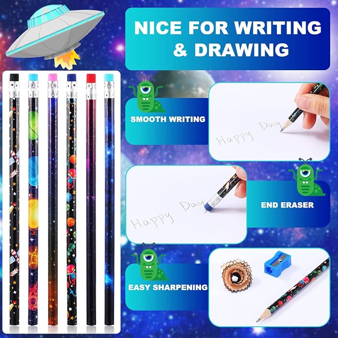 Geyee 36 Pcs Space Pencils Hawaiian Shark Themed Party Favors, Space