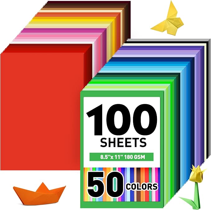 MAXECHO 8.5" X 11" Colored Cardstock Bulk 100 Assorted Sheets in 50 Colors Construction Paper Card Stock Printer Paper for DIY Crafts, Party Decorations, Cricut, 180 GSM/65 LB