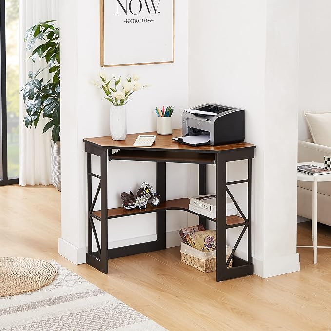 VECELO Corner Desk Computer Desk Writing Table with Smooth Keyboard Tray&Storage Shelves for Small Spaces/Compact Home Office Triangle Table,Teak Brown