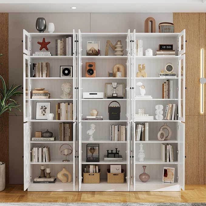 TUSY 85.5" Modern Tall Bookcase with Glass Doors, 7-Tier Wood Bookshelf with Storage for Home Office, Large Curio Cabinet for Living Room, Office, Bedroom, Family Room (White, BBB)
