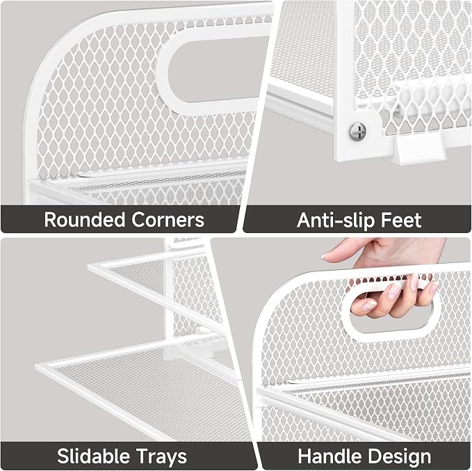 5-Tier Stackable Paper Organizer with Handle, White | Metal Mesh Desk Organizer Letter Tray, Office Storage & Organization for Home, School & Workplace