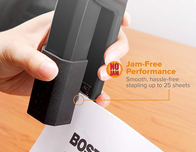 Bostitch Office Epic Metal Desk Stapler, 25 Sheet, Staple Remover, Black | Die-cast body opens 180 degrees for bulletin boards, with a temporary stapling option and a hidden slot for backup fasteners.