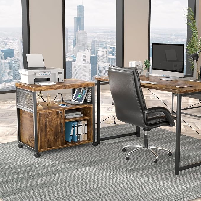 Unikito Rolling File Cabinet, Lateral Filing Cabinet on Wheels Mobile Office Printer Stand with Door and Open Storage Shelf for A4, Letter Size and Hanging File Folders, Lockable, Rustic Brown