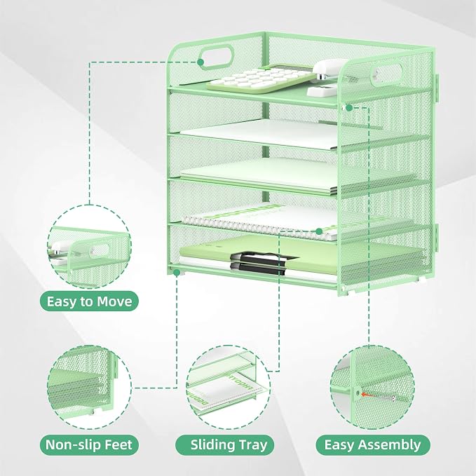 5 Trays Paper Organizer Letter Tray with Handle-Mesh Desk File Holders, Paper Sorter Desk Organizer for Office, Home, Classroom or School(Mint Green)