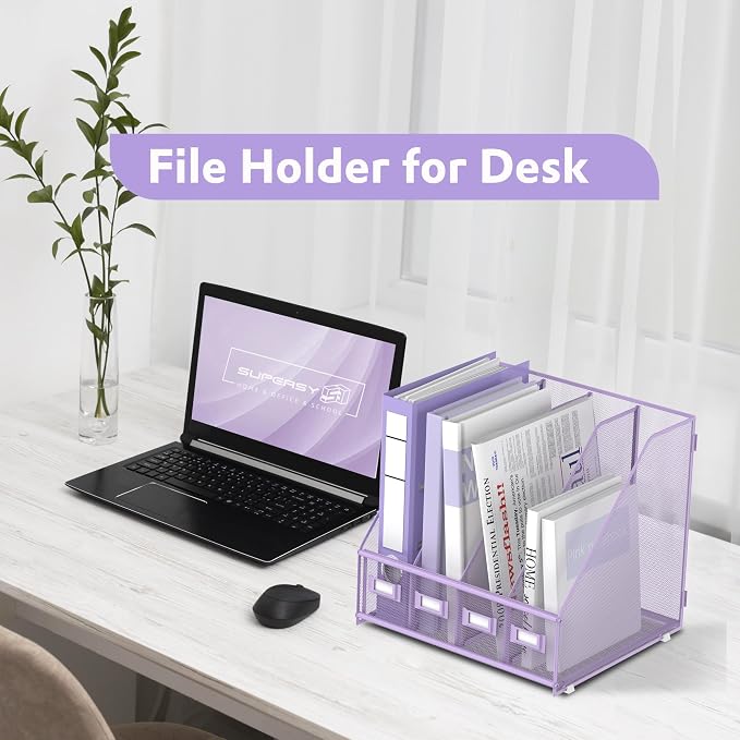 4-Compartment Magazine File Holder and File Organizer for Desk, Purple | Metal Magazine Holder and Magazine File Holder, 4-Compartment File Organizer for Binders Folders Magazines and Paper