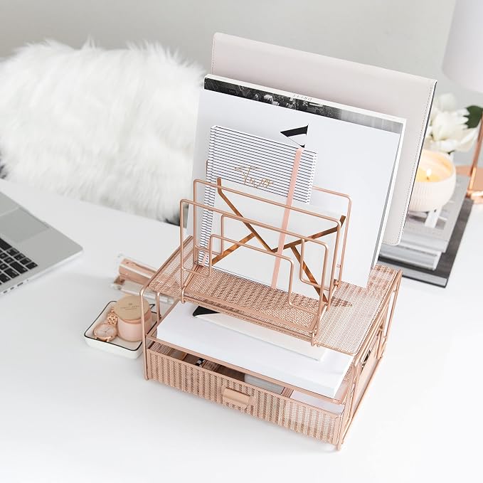 BLU MONACO Rose Gold Desk Organizer with Drawer | Metal Mesh Desktop Rack with File Sorters & Paper Storage | Space-Saving Workspace Organizer for Home Office, Cubicle, Kitchen or Dorm