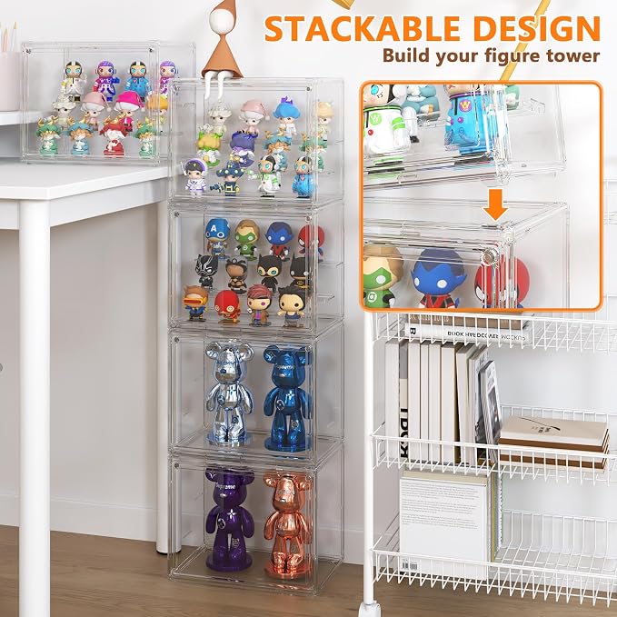 Acrylic Display Case 2 Pack, 3 Tiers Clear Figure Display Cases for Collectibles Stackable Storage Box with Magnetic Door Dustproof Showcase