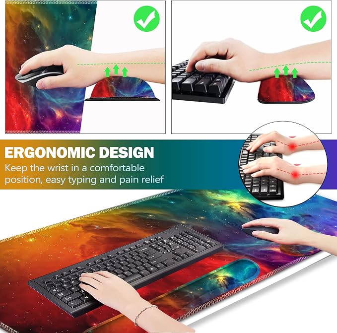 Extended Gaming Mouse Pad Set, Keyboard Wrist Rest Support Pad + Wrist Cushion + XXL Large Mouse Pad + Coaster, Stitched Edge, Non-Slip, Memory Foam Desk Mat, Color Nebula Galaxy