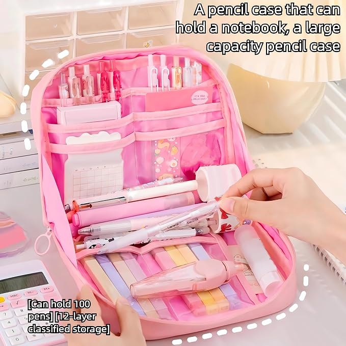 56 PCS Aesthetic School Supplies with Large Pencil Case, 24 Double Brush Marker Pens, 5 Black Ink Gel Pens, 6 Macaron Pencils, 4 Sharpeners, Sticky Notes, Ruler, Erasers, Stationery Gift