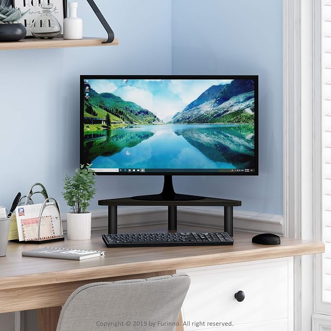Furinno Turn-N-Tube Monitor Stand Riser, 19.6" Wide Triangle Corner Monitor Riser, Laptop Stand for Desk, Office Desk Accessories, Desktop Organizers and Accessories, Toolless Assembly, Espresso