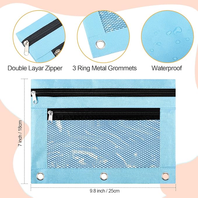 Kosiz 12 Pcs Pencil Pouch, 3 Ring Binder Pencil Pouch, 2 Layer Zipper Pencil Case with Mesh Window, Wear Resistant Oxford Fabric, Multicolored for Student Teacher (Macaron Color)