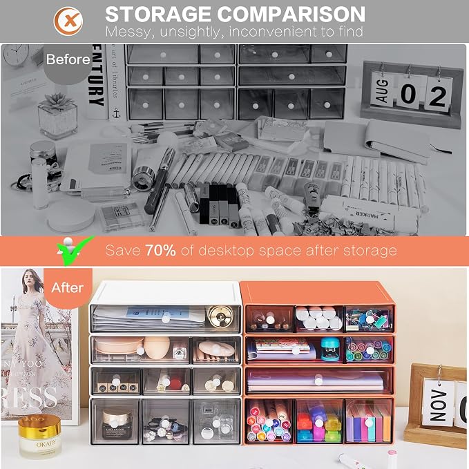Desk Storage Organizer with 9 Drawers, 4 Tiers Stackable Desktop Craft Storage Drawers, Clear Storage Box Caddy for Stationary Makeup Jewelry Office Craft Supplies (Orange)