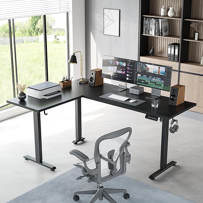 Agilestic L Shaped Standing Desk 63 inch Adjustable Height, Electric Corner Standing Desk, Sit Stand Computer Table with Splice Board, Black | Corner Desk, Ample Workspace, Memory Presets, Hooks, Stable Steel Frame,176 lbs Capacity, Easy Assembly, Spli...